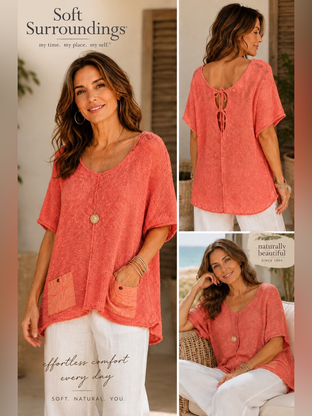Soft Surroundings Coral Cotton Knit Tunic Top L Boho Casual Beach Vacation A9